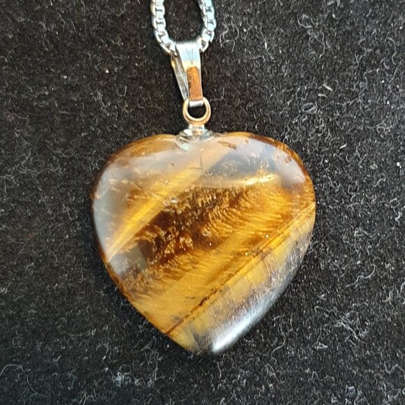Elegant 925 Sterling Silver Natural Golden Tiger Eye Heart Pendant Necklace - Picture 3 of 11